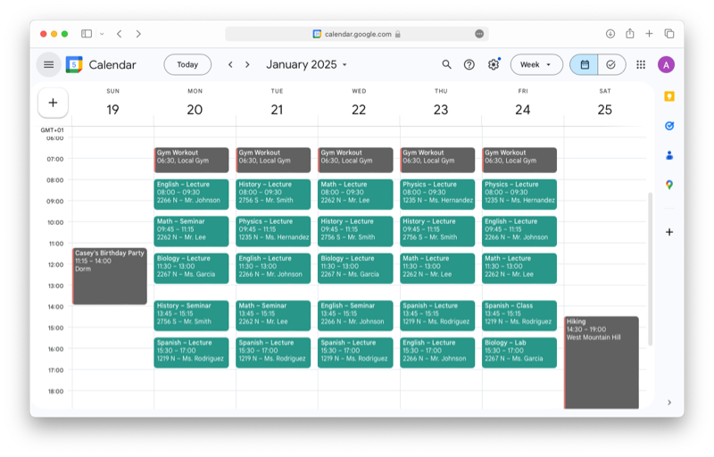 Timetable in Google Calendar